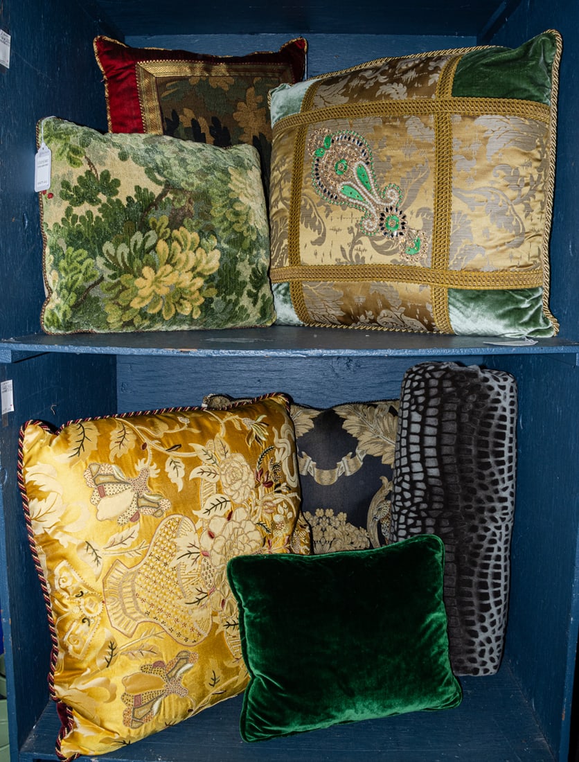 A group of seven pillows, embroidered, applique and tapestry (1 of 1)