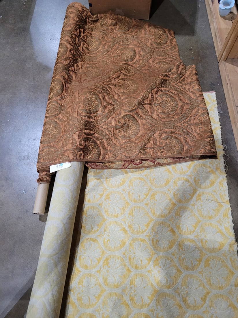 Two golden brown and yellow upholstery fabrics: Two golden brown and yellow upholstery fabrics, including brocade and velvet, largest 56"w