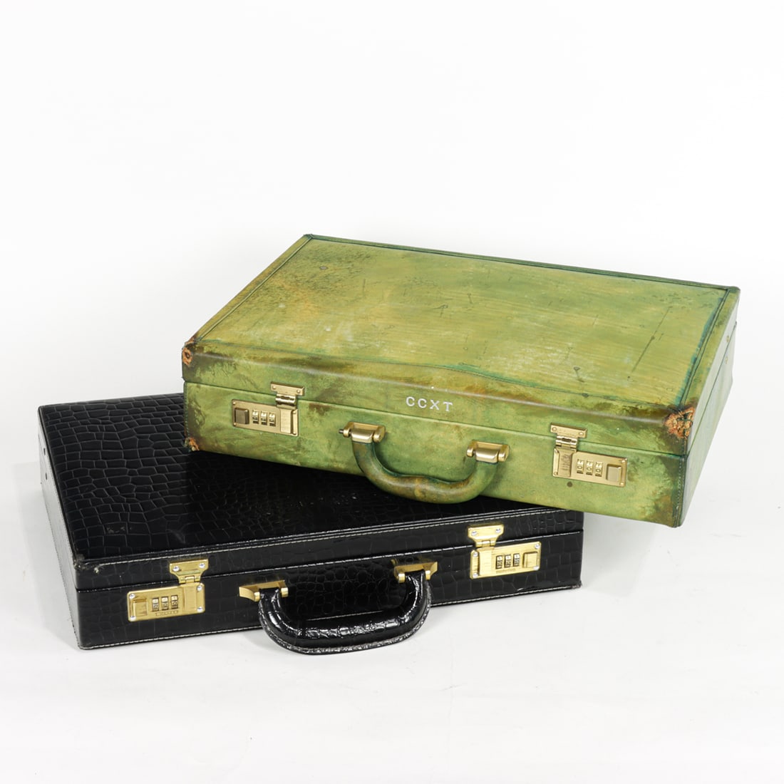 Two Italian briefcases: Two Italian briefcases, the first in faux alligator embossed leather, gold tone hardware impressed 'Pointer'; the second leather briefcase with monogram, attributed to Pelletteria Bianchi, unmarked,