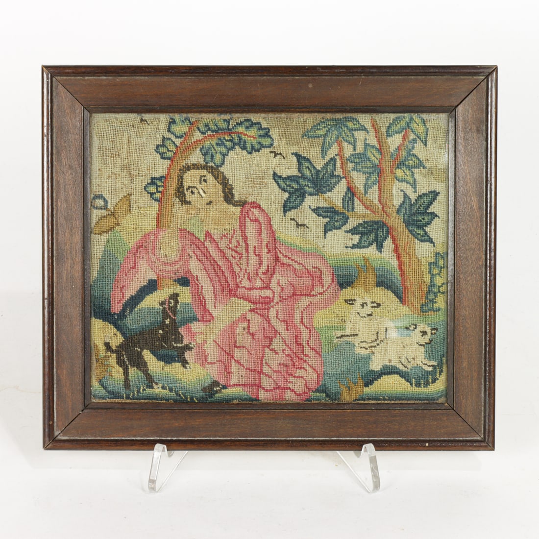 A European framed petit point needlework picture, mid-18th century, depicting a woman reclining in a (1 of 1)