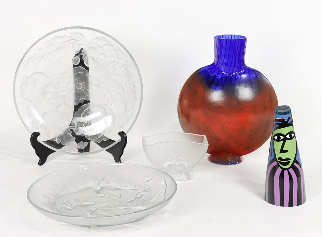 A group of glass: A group of glass, comprising (1) Garth Edwards sculpture, with figure, (2) Art Deco Verlys chargers, greatest 13.75"dia; (2) Verlys vase and a Kjell Engman for Kosta Boda vase, 13.75"h [5 total]