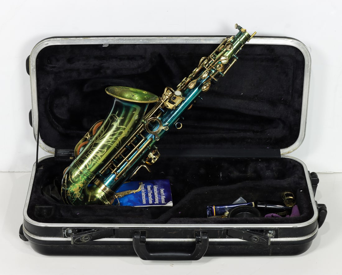 A Lagrima alto saxophone: A Lagrima alto saxophone, with Antigua hardcase, saxophone 21"l (excluding mouth piece) x 5"d