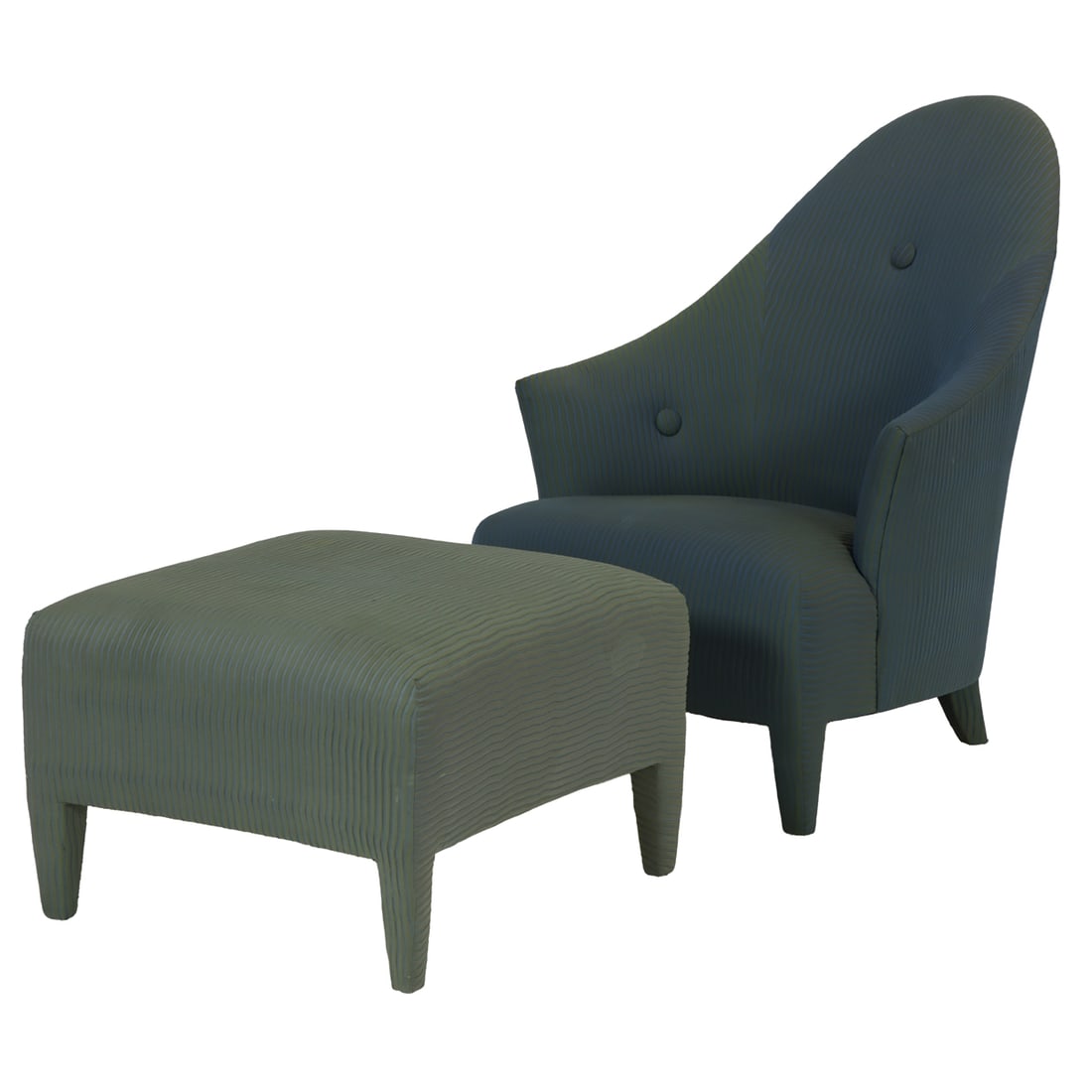 A John Hutton for Donghia Ghost armchair and ottoman: A John Hutton for Donghia Ghost armchair and ottoman, the tight back with three button tufts, raised on overupholstered legs, factory label to underside, chair: 40"h x 32"w x 22"d; ottoman: 18"h x