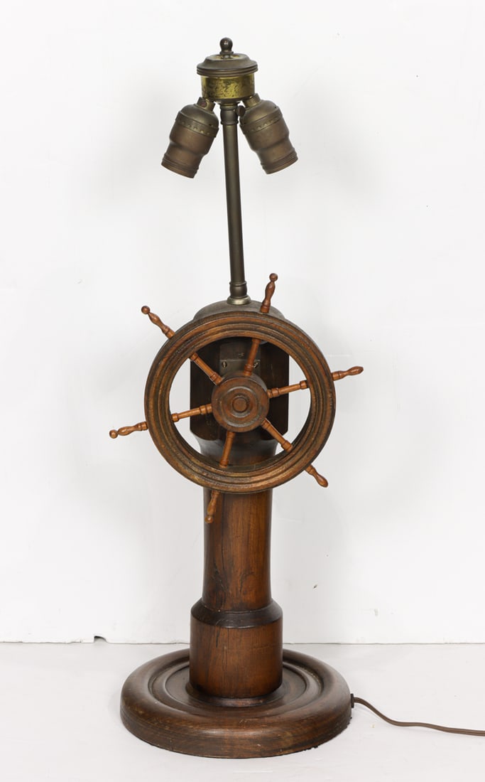 A vintage nautical wood lamp in the form of a ship's wheel (1 of 1)