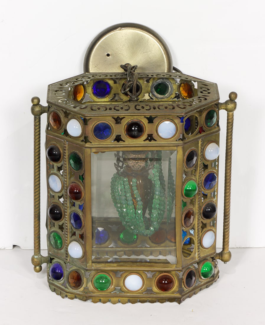 A Moroccan style reticulated brass lantern with colored glass cabochons (1 of 1)