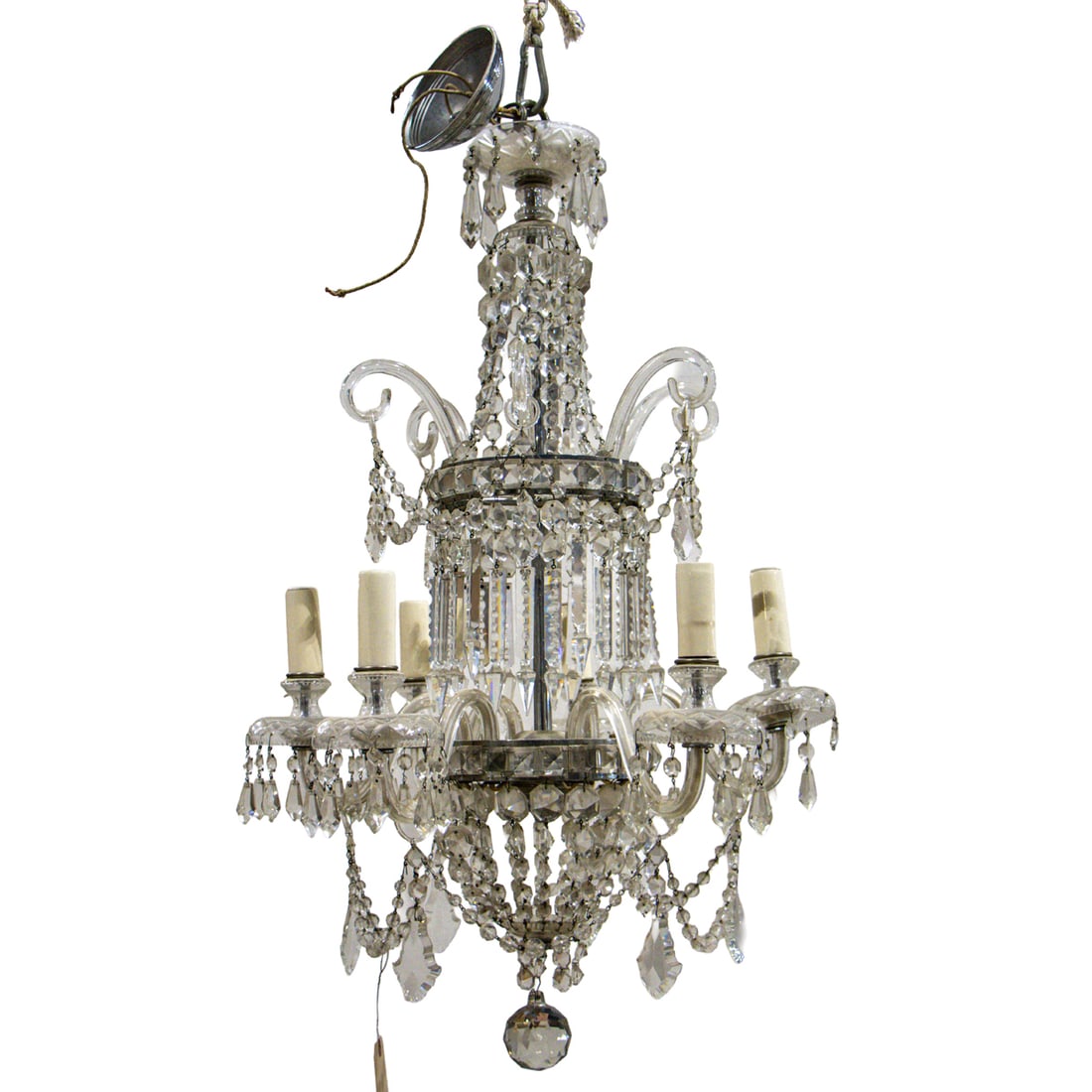 A Neoclassical style cut glass six-light chandelier: A Neoclassical style cut glass six-light chandelier, profusely hung with prisms and beaded swags, 32"h x 19"dia