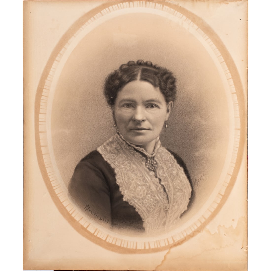 Work on paper, Portrait of Mrs. Louis Feldmann: Anonymous (19th century), "Portrait of Mrs. Louis Feldmann," crayon, museum inventory no: 52136, sheet (unframed): 29.94"h x 25.19"w. Provenance: Property of the Fine Arts Museums of San Francisco to