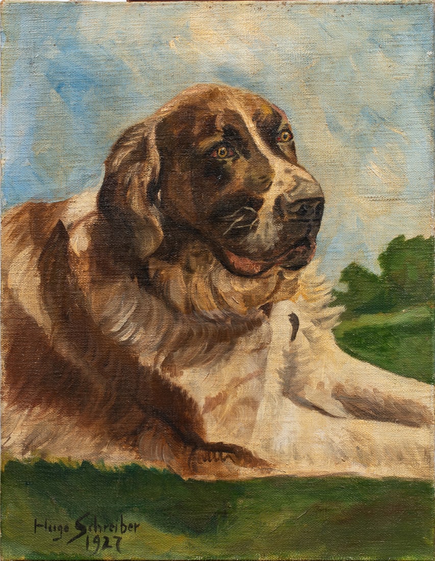 Painting, Hugo Schreiber: Hugo Schreiber (Hungarian, 1873-1950), Portrait of a Saint Bernard, 1927, oil on canvas, signed and dated lower left, canvas (unframed): 18"h x 14"w