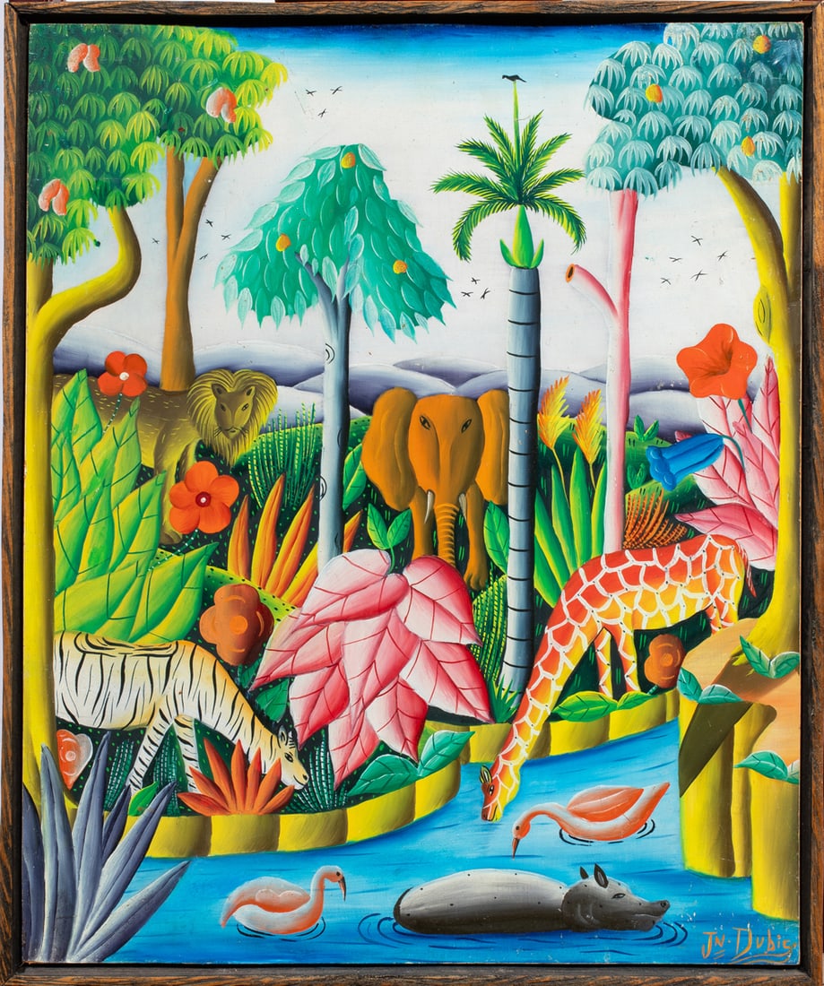 Painting, Jean-Nelson Dubic: Jean-Nelson Dubic (Haitian, b. 1942), Jungle Scene, acrylic on masonite, signed lower right, overall (with frame): 20"h x 16.75"w