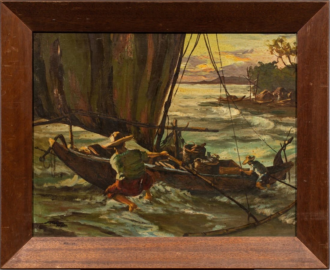 Painting, Southeast Asian School: Southeast Asian School (20th century), Pulling in the Day's Catch, 1961, oil on canvas, signed indistinctly and dated lower left, canvas: 22"h x 28"w, overall (with frame): 26.75"h x 33"w
