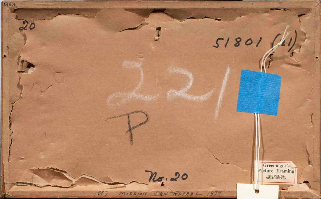 Watercolor, Mission San Rafael Arcangel: Anonymous (19th century), "Mission San Rafael Arcangel," watercolor, museum inventory no: 51801.20, overall (with frame): 6.63"h x 11.63"w. Provenance: Property of the Fine Arts Museums of San