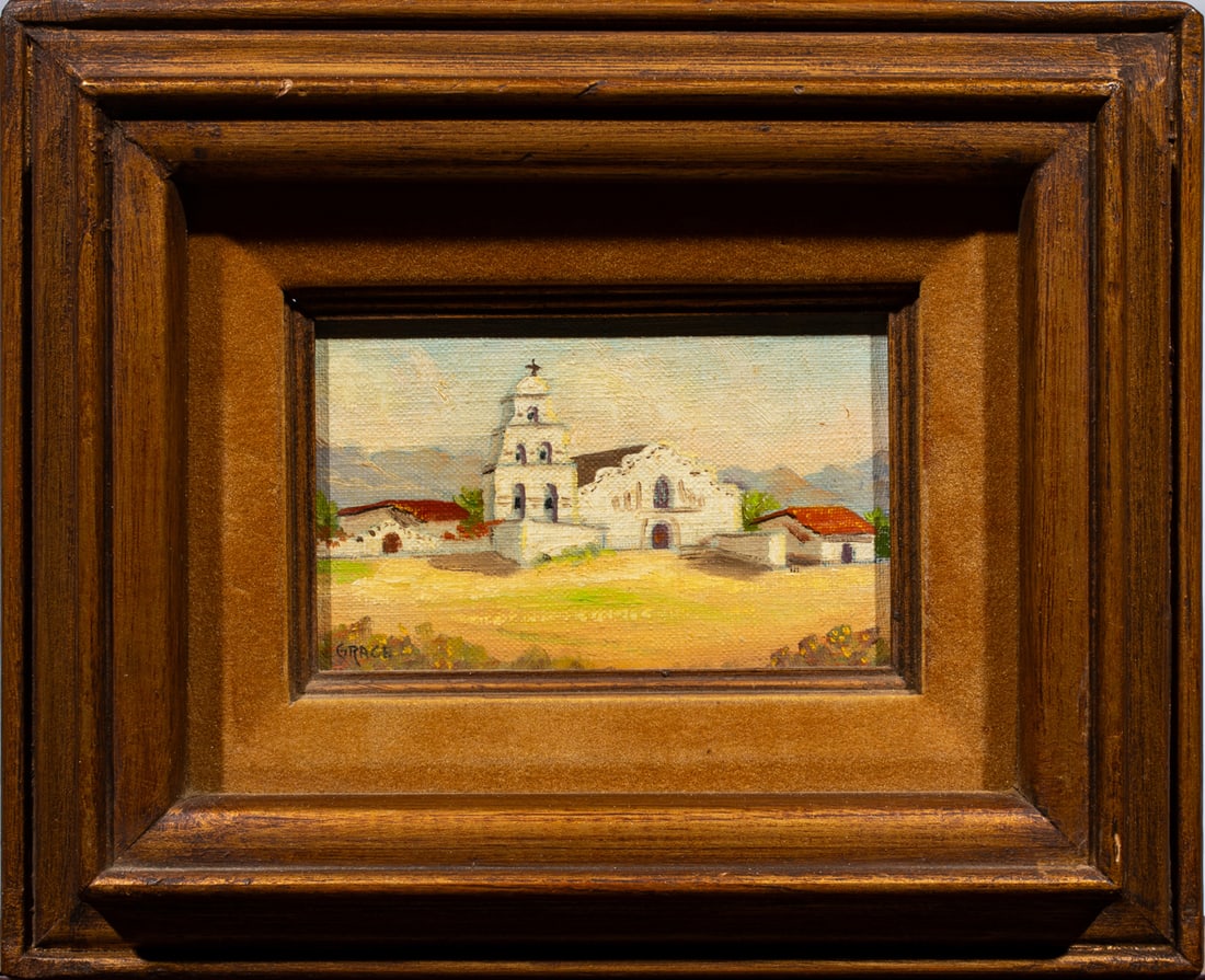 Painting, American School (20th century): American School (20th century), Mission San Diego de Alcala, oil on board, signed "Grace" lower left, overall (with frame): 9"h x 10.75"w
