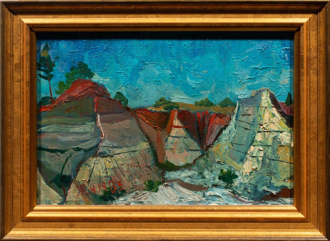 Painting, Richard Hackett: Richard Hackett (American, 1917-1989), Western Landscape, 1985, oil on board, signed and dated lower left, overall (with frame): 13.25"h x 17.25"w