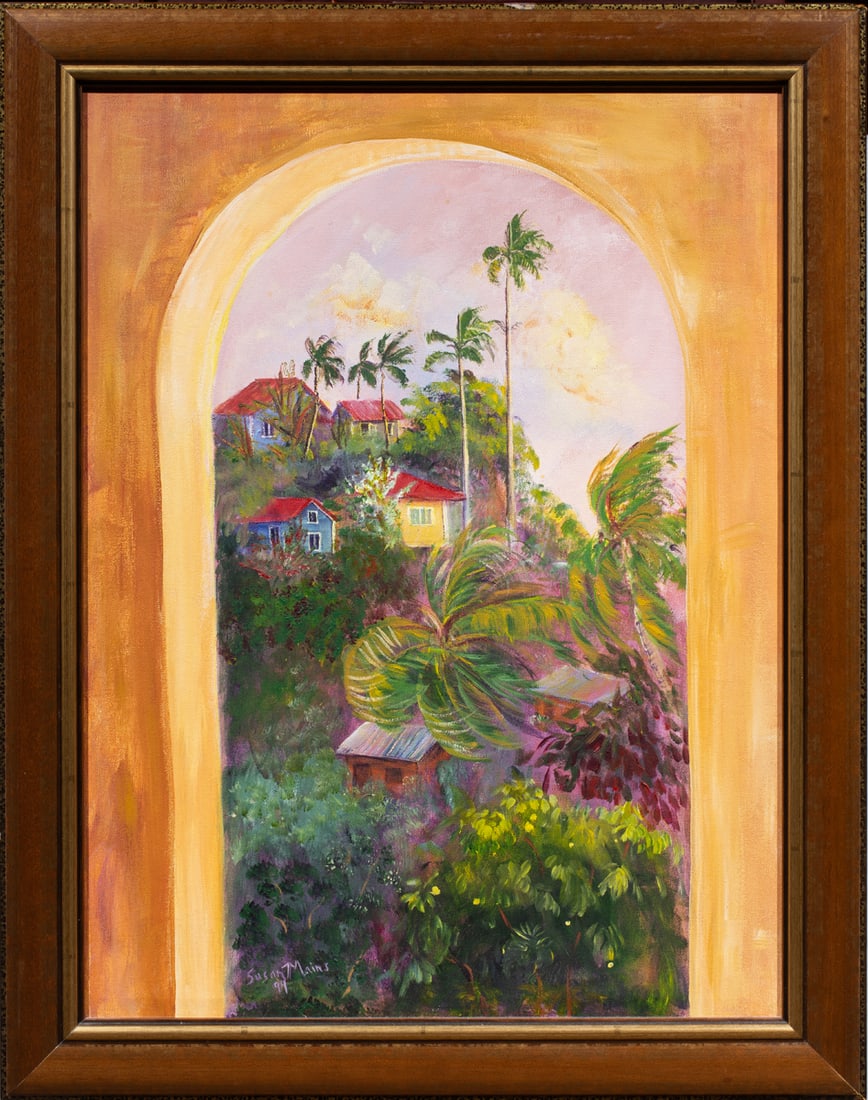 Painting, Susan Mains: Susan Mains (American, 20th century), Tropical Scene, 1994, oil on canvas, signed and dated lower left, overall (with frame): 28"h x 22"w