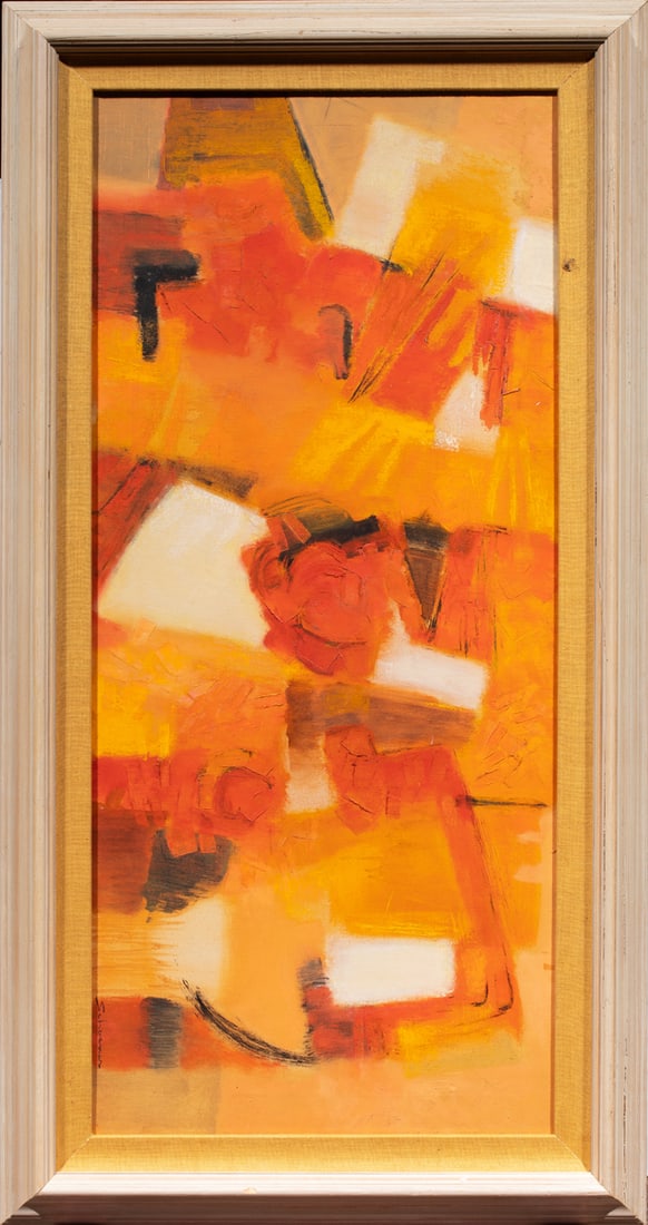 Painting, Jason Schoener: Jason Schoener (American, 1919-1997), "Shoreline Forms," oil and wax on canvas, signed and titled verso, overall (with frame): 46.5"h x 24.5"w