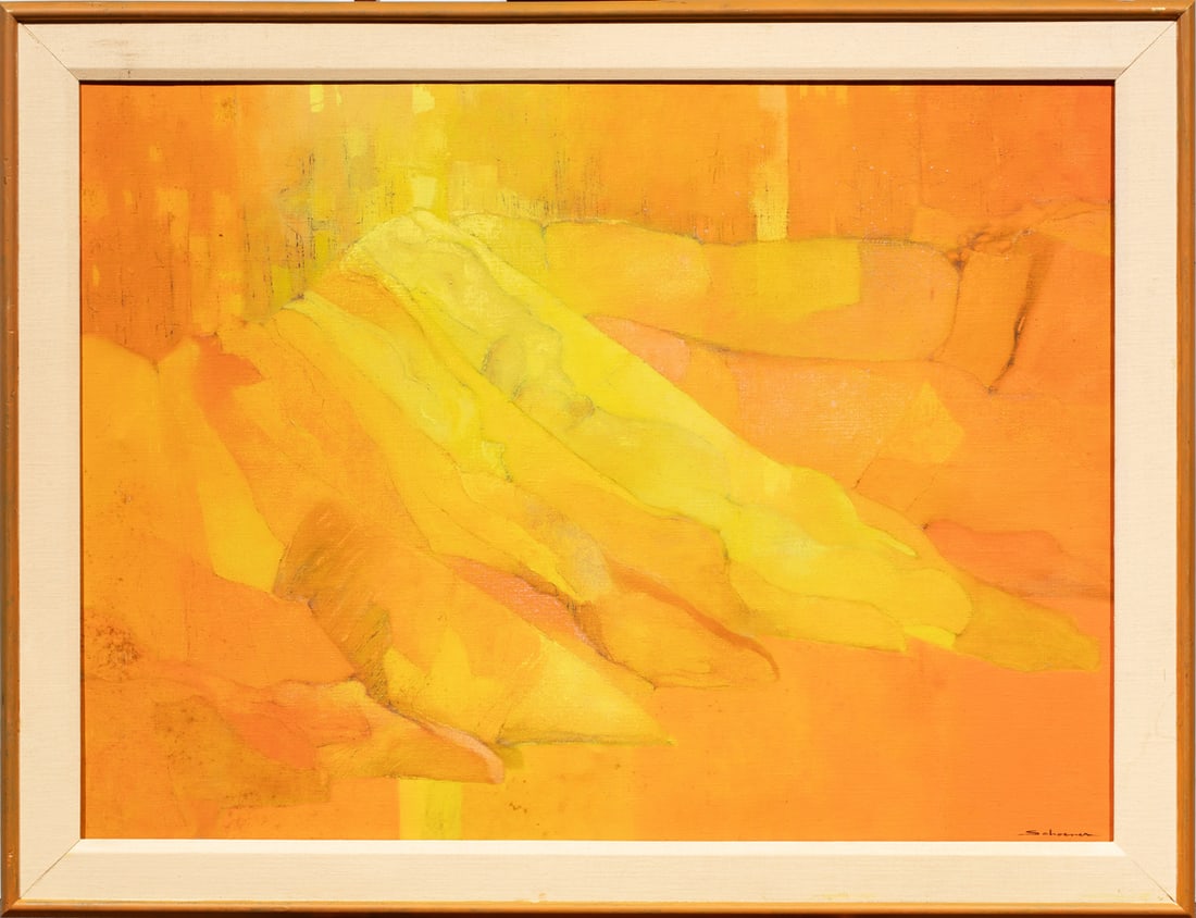 Painting, Jason Schoener: Jason Schoener (American, 1919-1997), "Beach at Wreck Island," oil on canvas, signed lower right, gallery labels (Gump's, San Francisco, CA; Midtown Galleries, New York, NY) affixed verso, overall