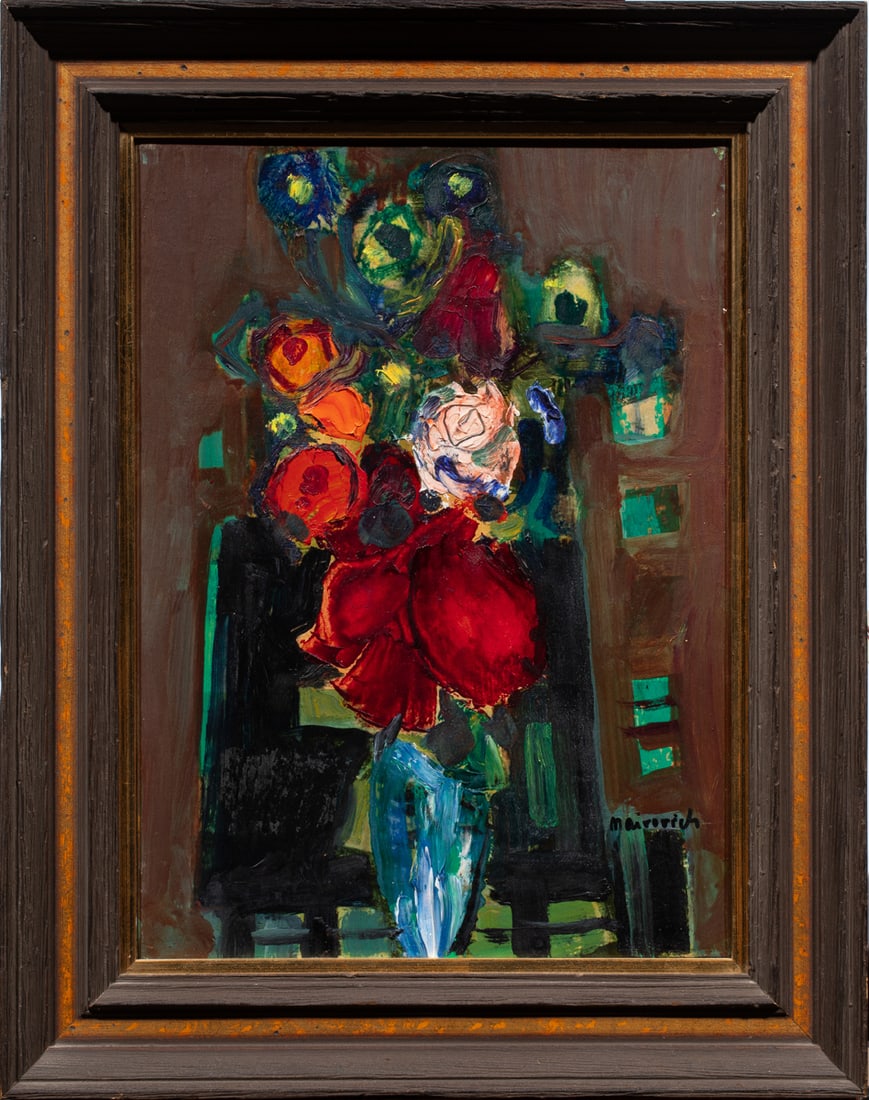 Painting, Russian School (20th century): Russian School (20th century), Still Life with Flowers, oil on canvas, signed "Moirovich" lower right, overall (with frame): 17"h x 13"w