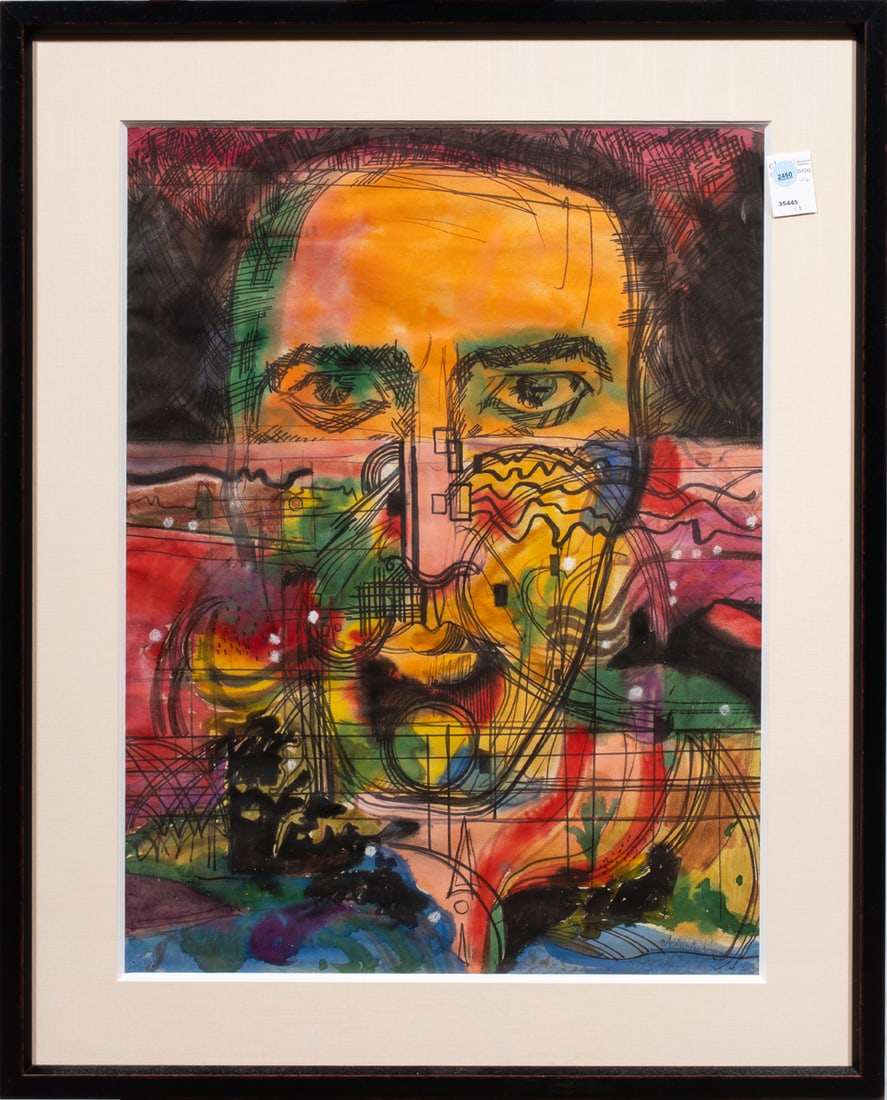 Work on paper, American School (20th century): American School (20th century), Untitled (Abstract Face), mixed media on paper, signed indistinctly lower right, overall (with frame): 31.5"h x 25.25"w