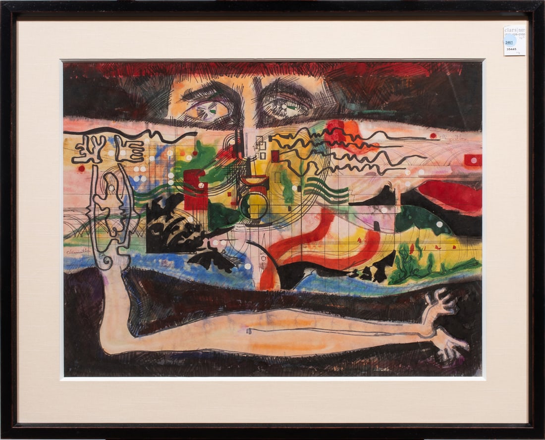 Work on paper, American School (20th century): American School (20th century), Untitled, mixed media on paper, signed indistinctly upper right, overall (with frame): 25.5"h x 31.5"w