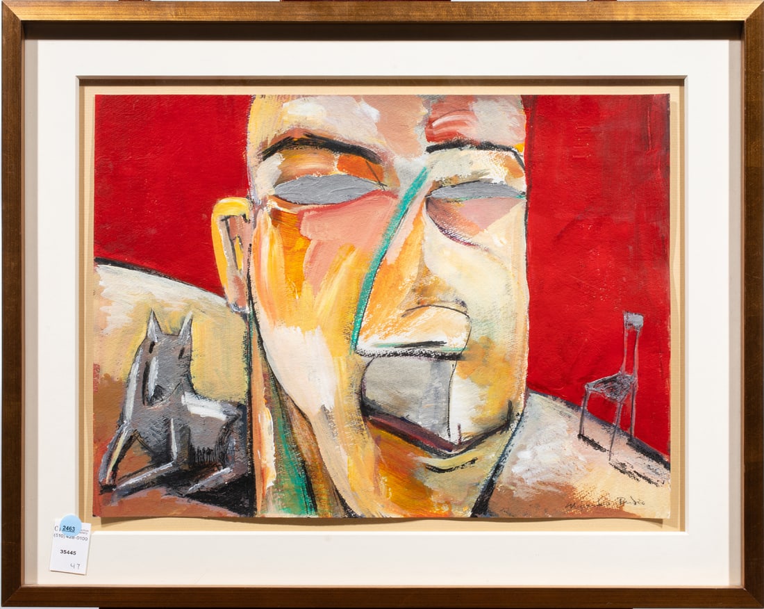 Work on paper, Spanish School (20th century): Spanish School (20th century), Man and Dog, mixed media on paper, signed indistinctly lower right, overall (with frame): 20.75"h x 26.25"w