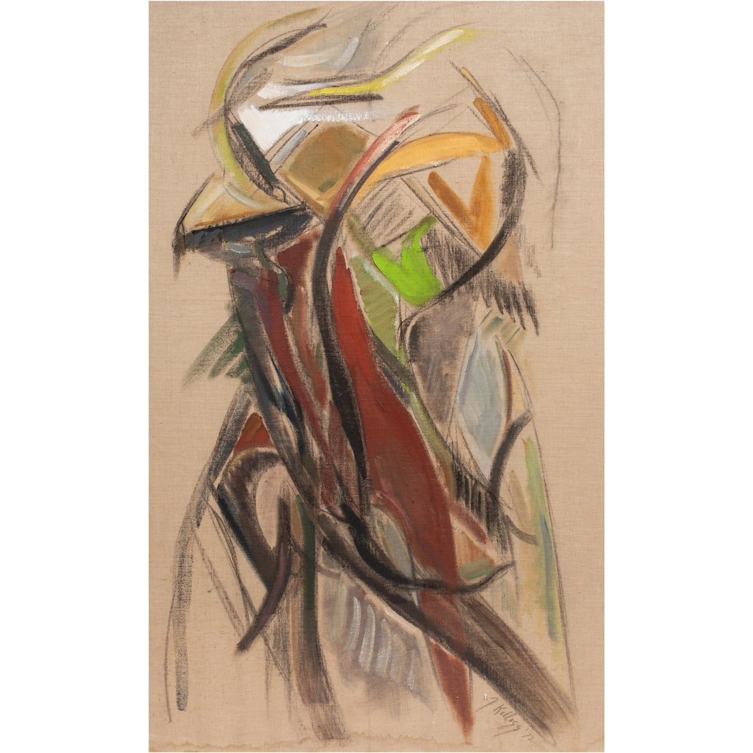 Mixed Media, Jean Kellogg: Jean Kellogg (American, 1910-1995), Untitled (Abstract), 1972, mixed media on canvas, signed and dated lower right, signed and dated verso, canvas: 44"h x 28"w, overall (with frame): 45"h x 29"w