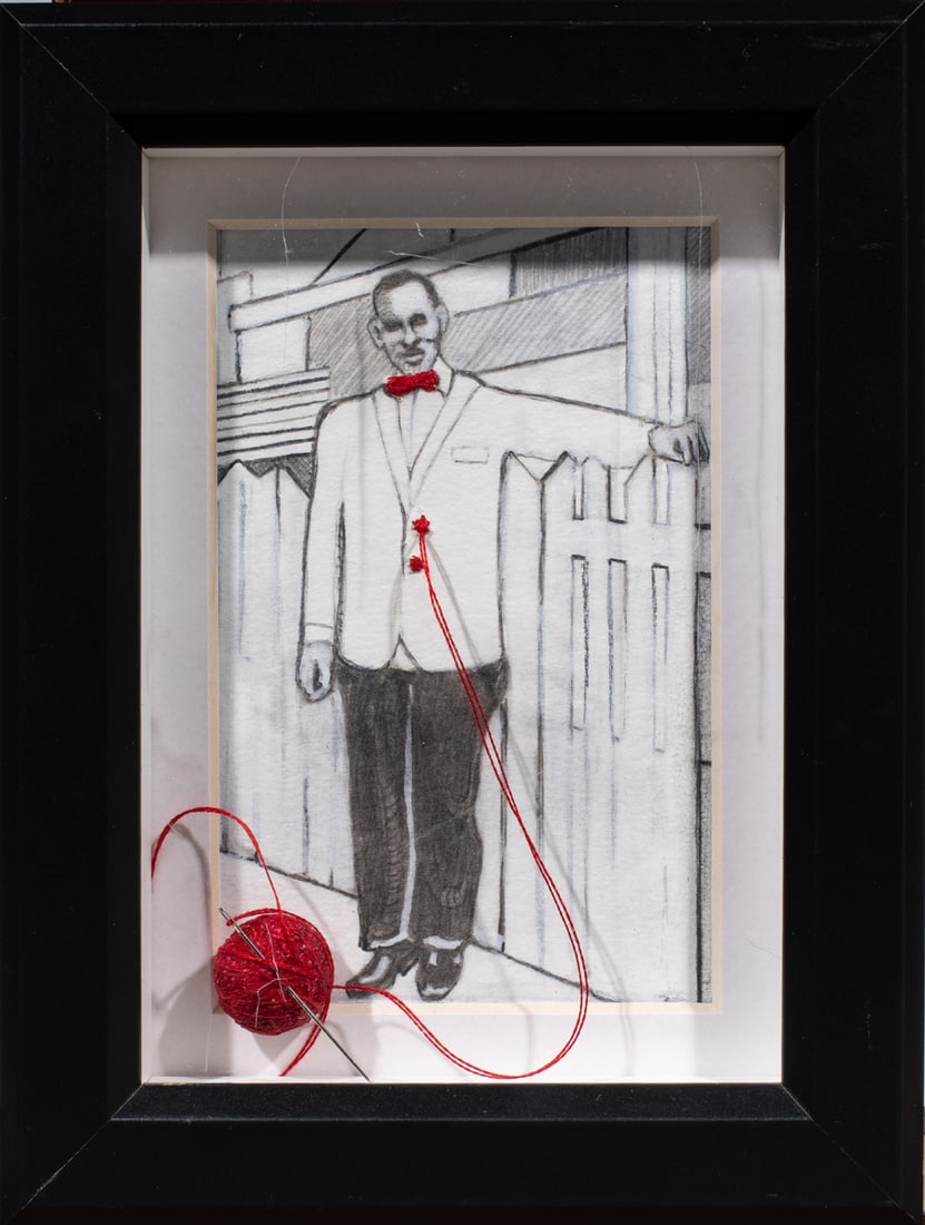 Mixed Media, Williams Rhodes: Williams Rhodes (American, b. 1966), "Daddy Rhodes at Work," mixed media with found thread and needle, overall (with frame): 8.5"h x 6.5"w