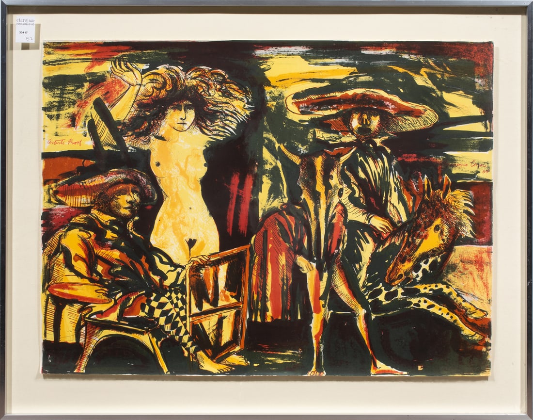 Print, Francisco Corzas: Francisco Corzas (Mexican, 1936-1983), "Artist's Model," 1969, lithograph, labels (Mexican Museum, San Francisco, CA, and others) affixed verso, overall (with frame): 31"h x 37.25"w