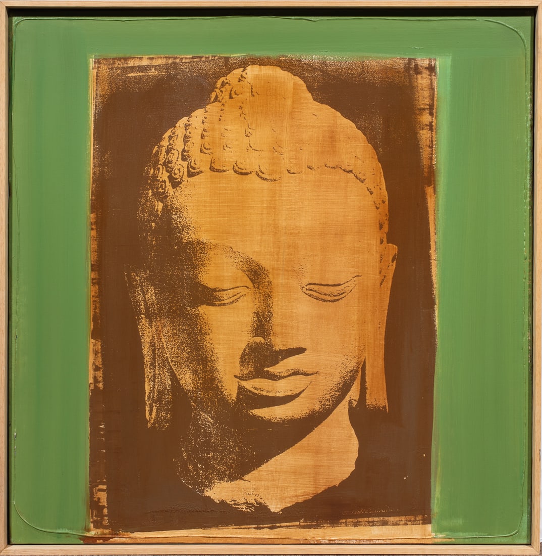 Mixed Media, Patrick Bears: Patrick Bears (American, 21st century), Buddha, 2005, mixed media on canvas, signed and dated to styrofoam backing, overall (with frame): 43.5"h x 43.25"w