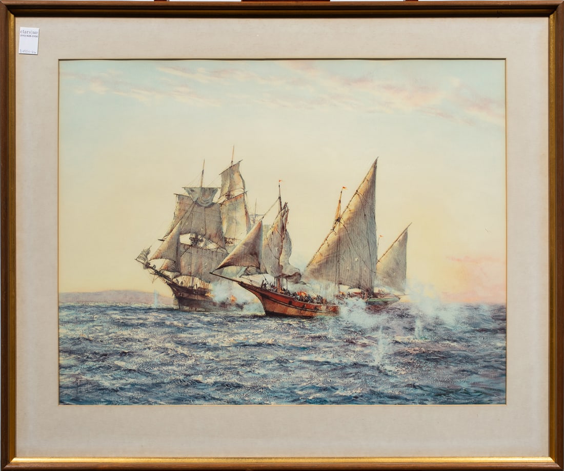 Print, After Montague Dawson: After Montague Dawson (British, 1890-1973), Ships, offset print, overall (with frame): 31"h x 37.25"w