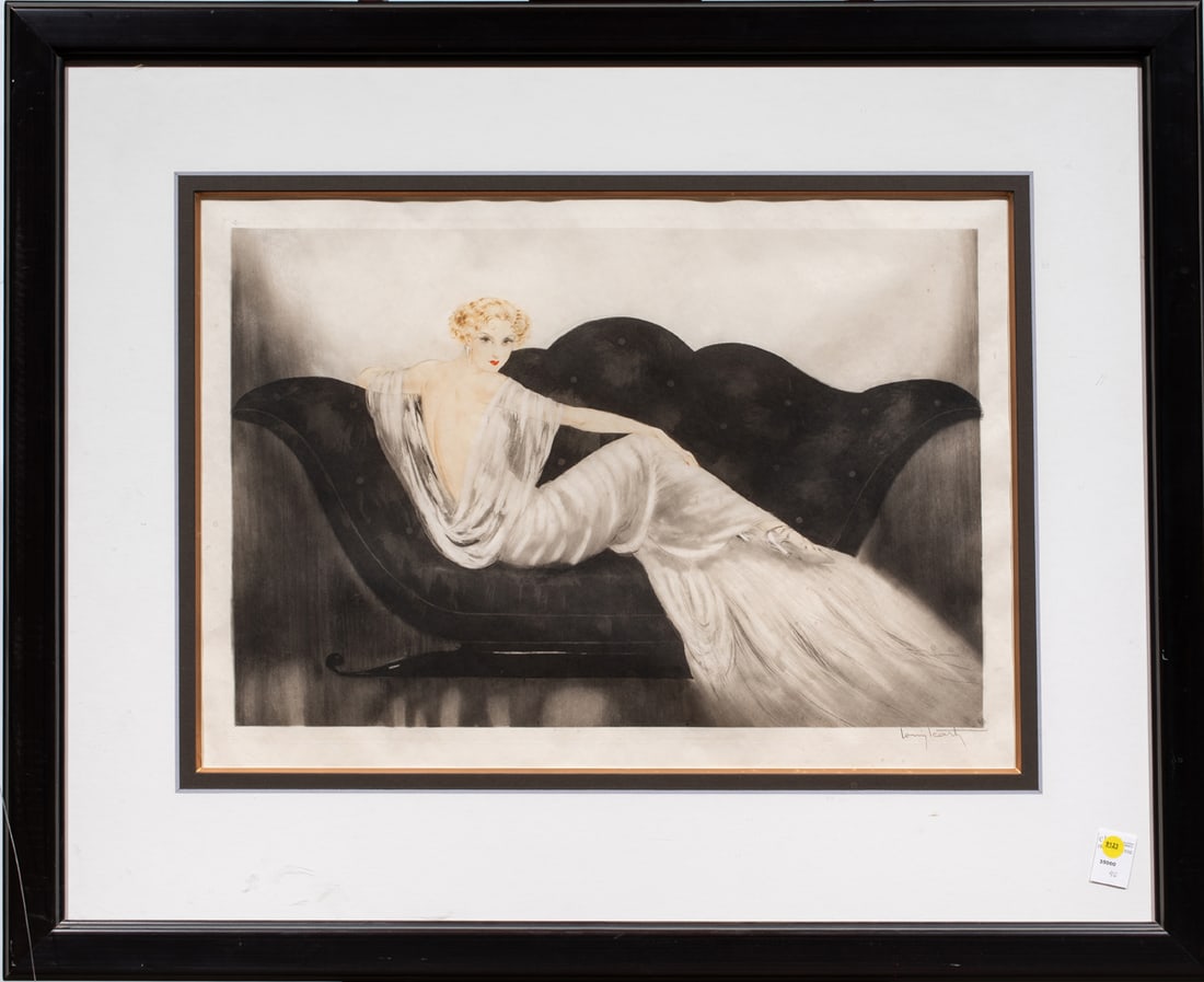 Print, Louis Icart: Louis Icart (French, 1888-1950), Untitled (Lady on Black Sofa), 1937, etching with aquatint, pencil signed lower right, copyright text upper left, overall (with frame): 33"h x 41"w