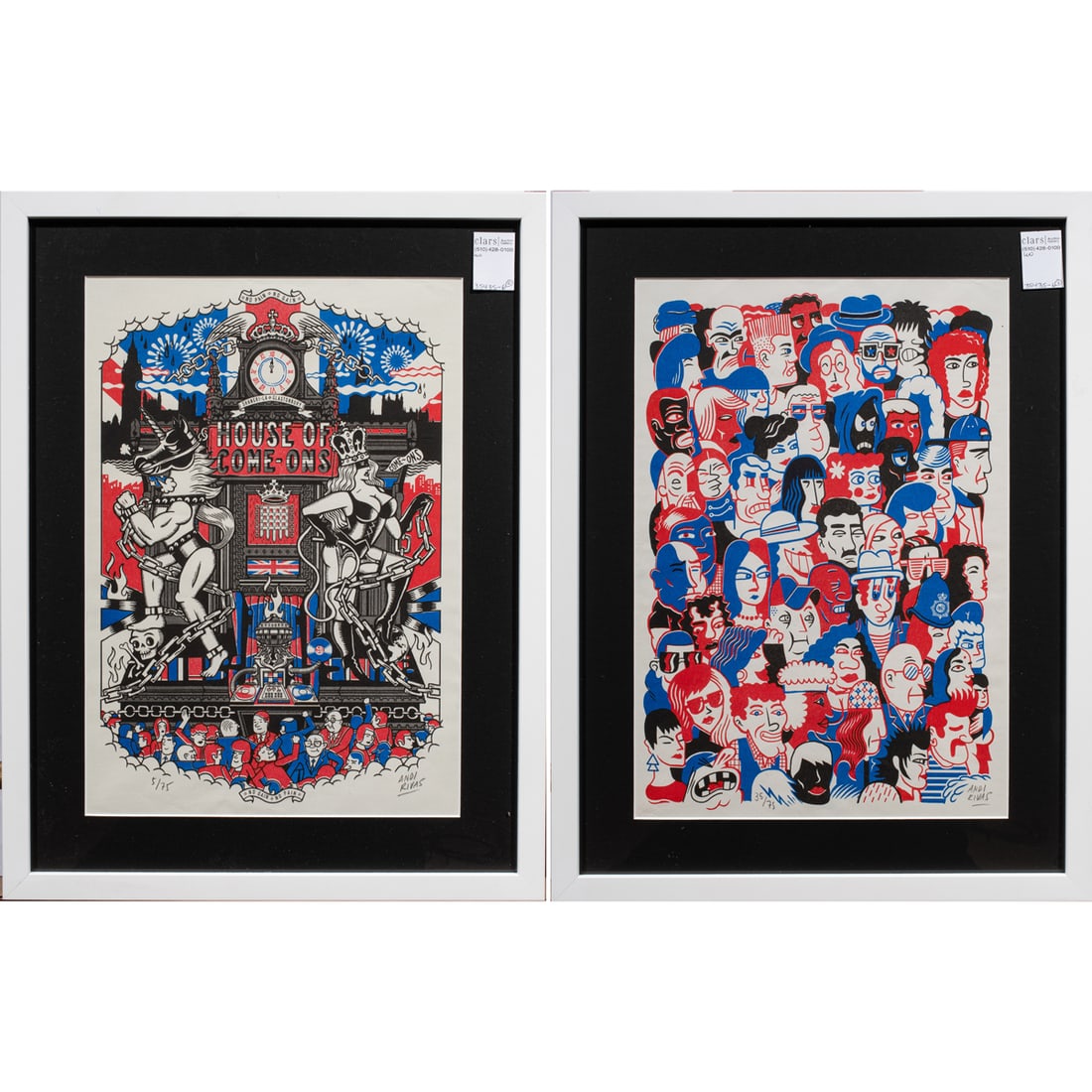 Prints, Andi Rivas: (lot of 2) Andi Rivas (Spanish, b. 1975), "UK People" and "House of Come-Ons," 2019, risographs in colors on everglade paper, each pencil signed lower right, first edition 35/75, second edition 5/75,