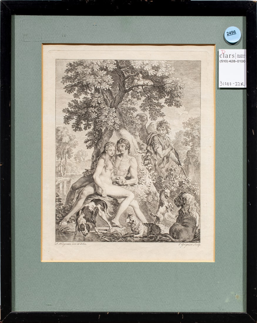 Print, After Francis Hayman: After Francis Hayman (British, 1708-1776), Adam and Eve from Milton's "Paradise Lost," engraving, overall (with frame): 15"h x 12"w