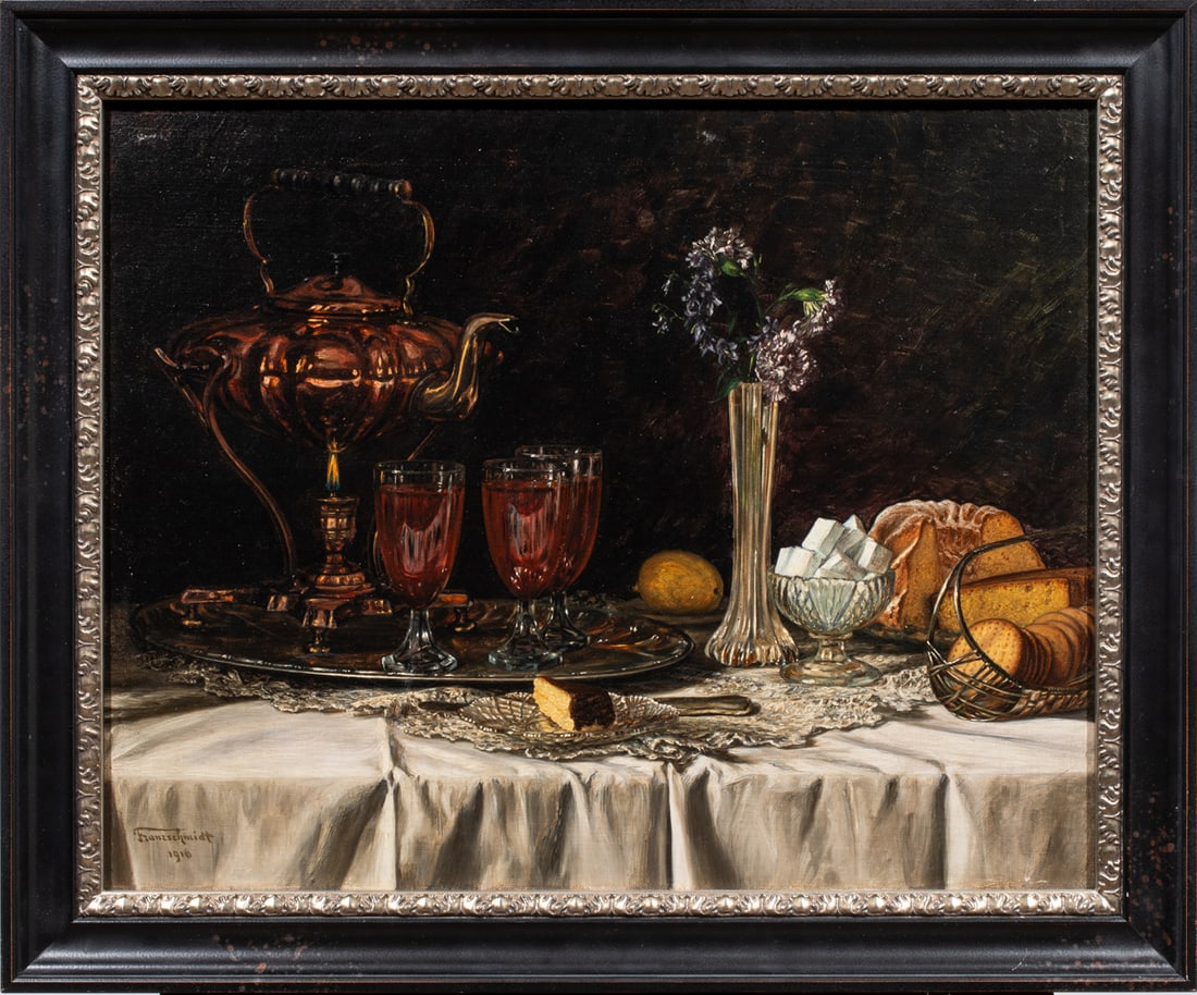 Embellished Print, After Franz Schmidt: After Franz Schmidt (German, 19th/20th century), Still Life with Copper Teapot, 1916, embellished print, signed lower left, overall (with frame): 20.5"h x 24.5"w
