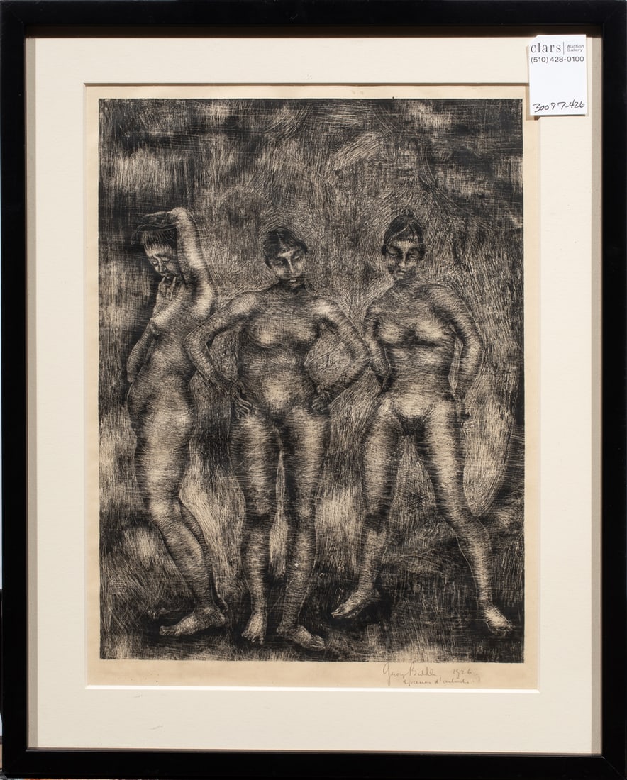 Print, George Biddle: George Biddle (American, 1885-1973), Untitled (Three Standing Nudes), 1926, lithograph, pencil signed and dated lower right, overall (with frame): 17"h x 14"w