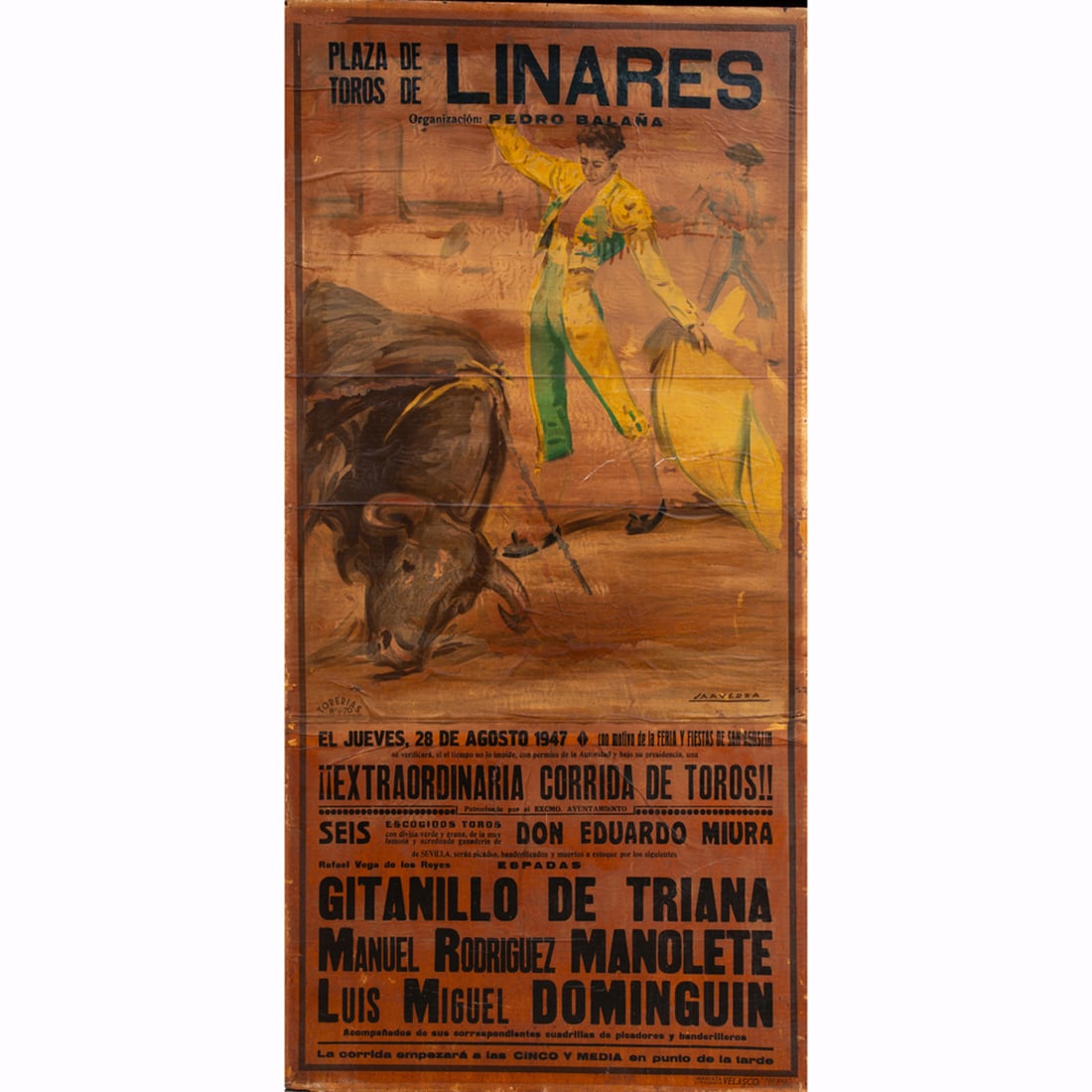 Print, Spanish School (20th century): Spanish School (20th century), Bull Fighting Sign, lithograph on paper affixed to board, board (unframed): 65"h x 32"w