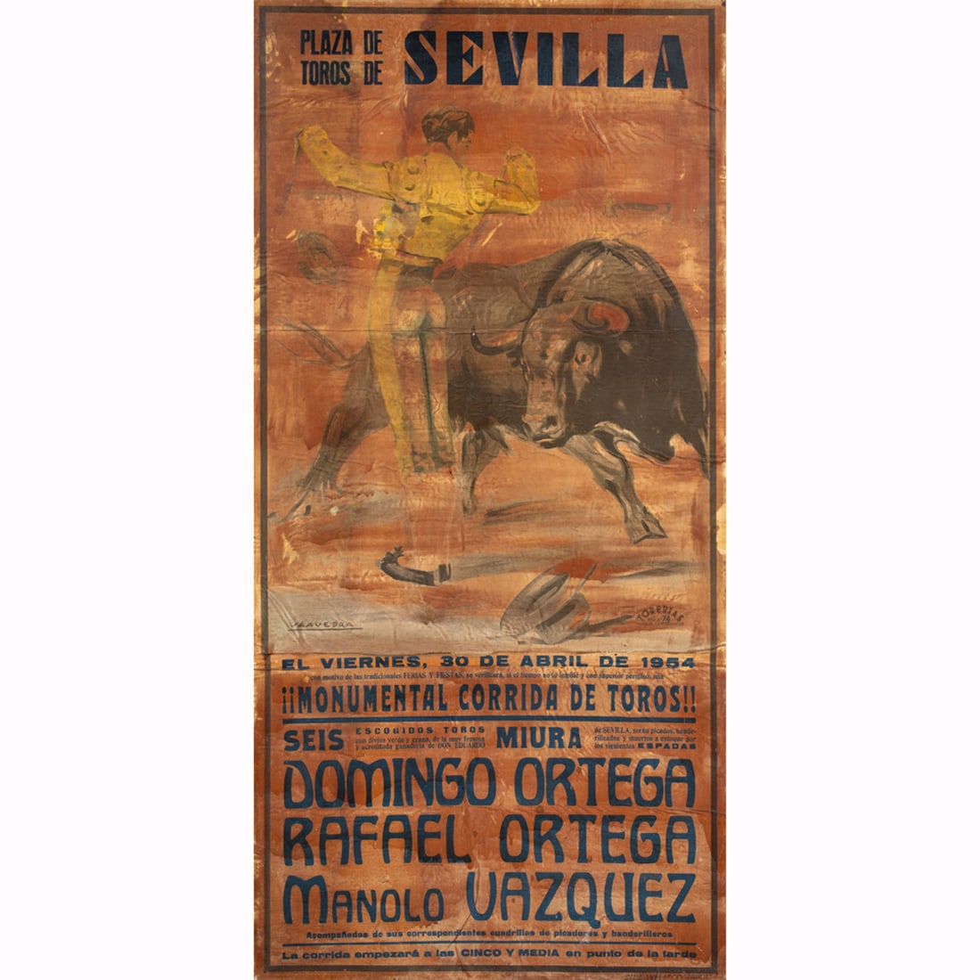 Print, Spanish School (20th century): Spanish School (20th century), Bull Fighting Sign, lithograph on paper affixed to board, board (unframed): 65"h x 32"w