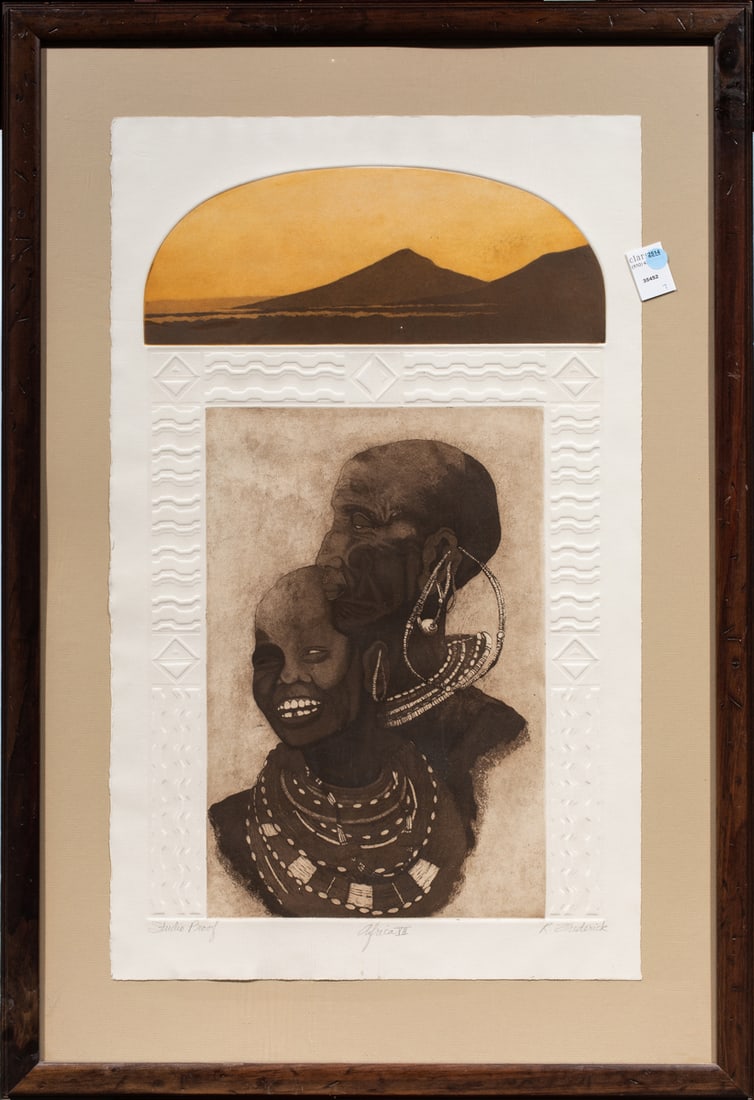 Print, American School (20th century): American School (20th century), "Africa VII," mixed media print, pencil signed "R. Frederick" lower right, titled lower center, edition Studio Proof, overall (with frame): 38"h x 26"w