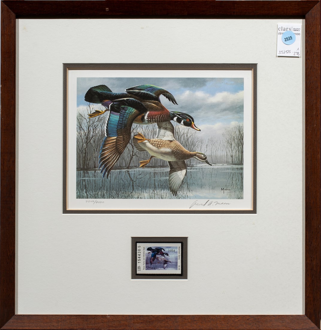 Print and Stamp, David A. Maass: David A. Maass (American, b. 1929), Ducks - Texas Parks and Wildlife, stamp and offset print, print pencil signed lower right, edition 7340/9400, overall (with frame): 17.5"h x 17"w