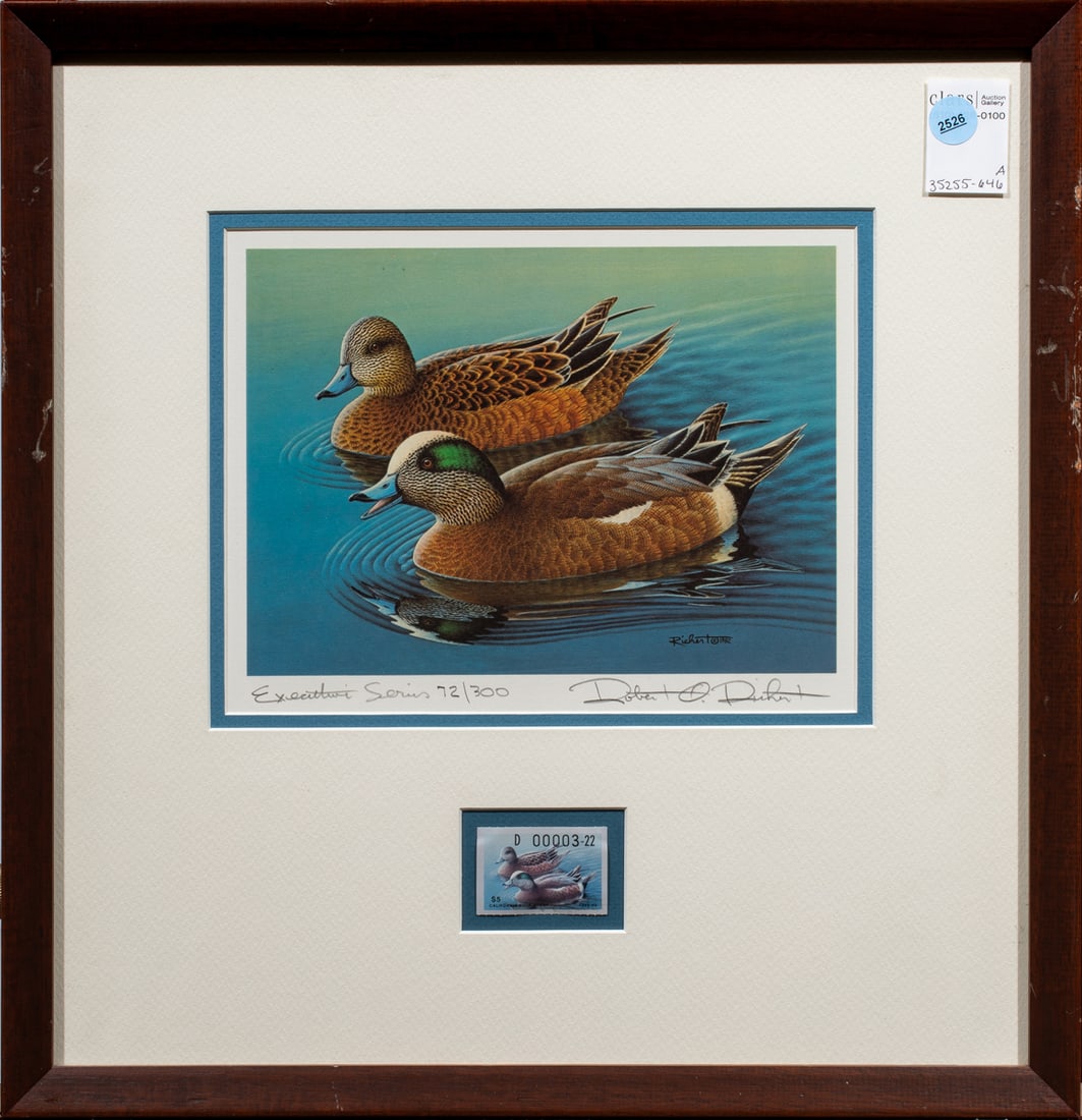 Print and Stamp, Robert Richert: Robert Richert (American, 20th century), California Ducks, stamp and offset print, print pencil signed lower right, Executive Series 72/300, overall (with frame): 17.5"h x 17"w