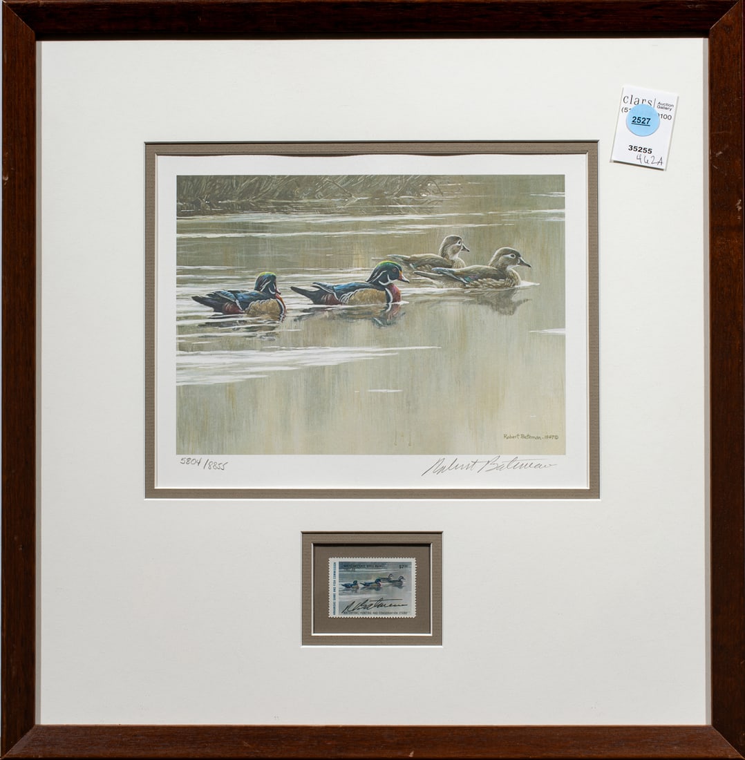 Print and Stamp, Robert Bateman: Robert Bateman (Canadian, b. 1930), Arkansas Game and Fish Commission - Ducks, stamp and offset print, print pencil signed lower right, edition 5804/8855, overall (with frame): 17.5"h x 17"w