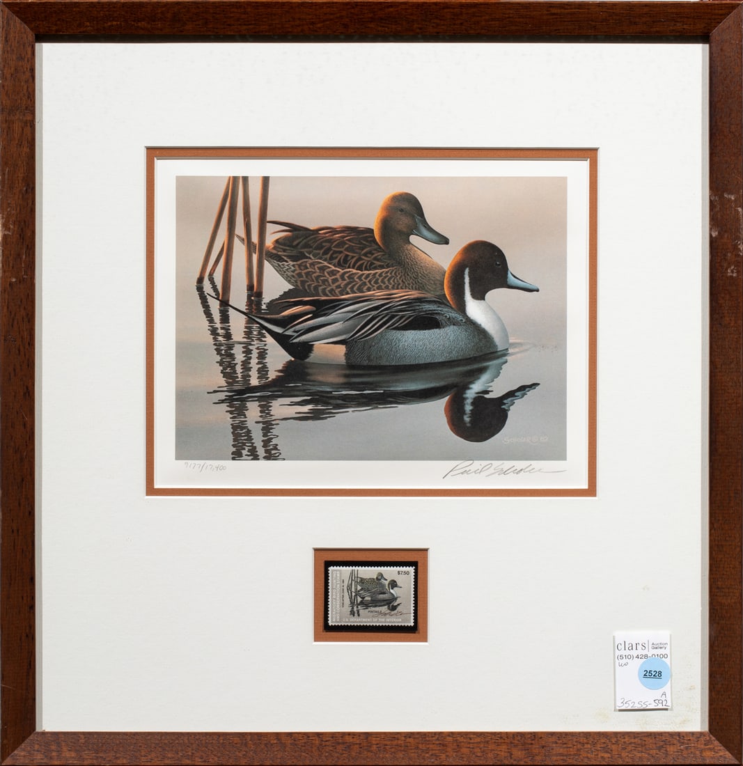 Print and Stamp, Phil Scholer: Phil Scholer (American, b. 1951), Pintail Ducks, stamp and offset print, print pencil signed lower right, edition 9,177/17,400, overall (with frame): 17.5"h x 17"w