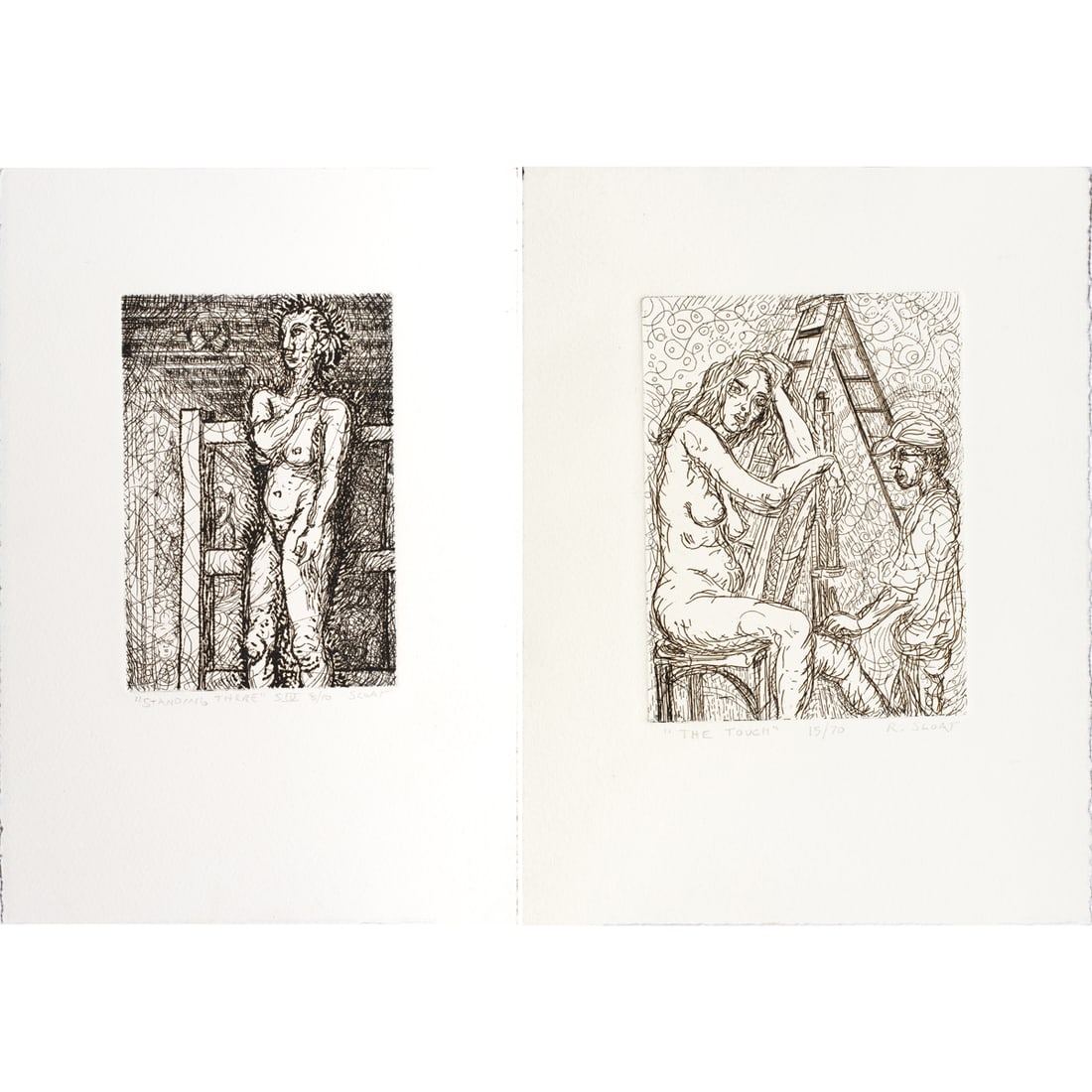 Prints, Richard Sloat: (lot of 2) Richard Sloat (American, b. 1945), "Standing There" and "The Touch," etchings, each pencil signed lower right, each titled lower left, edition 8/10 and 15/70, sheet (unframed, for each):