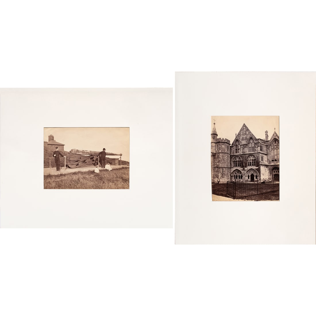 Photographs, British School (19th/20th century): (lot of 2) British School (19th/20th century), "Queen Elizabeth's Pocket Pistol" and Church Facade, albumen prints, overall (with mat, for each): 13"h x 16"w