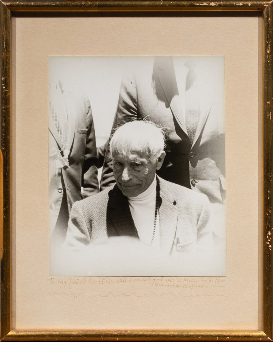 Photograph, American School (20th century): American School (20th century), Portrait of Beniamino Bufano, photographic print, signed and dedicated by Bufano lower right backing, overall (with frame): 14.75"h x 11.75"w