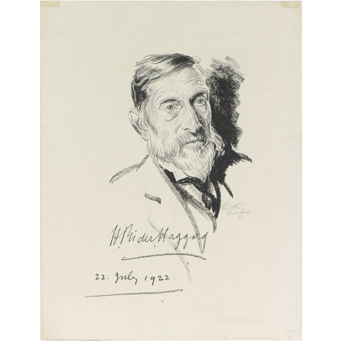 Print, Walter Ernest Tittle: Walter Ernest Tittle (American, 1883-1966), "H. Rider Haggard," 1922, lithograph, museum inventory no: 1963.30.612, overall (sheet): 14.5"h x 11"w. Provenance: Property of the Fine Arts Museums of