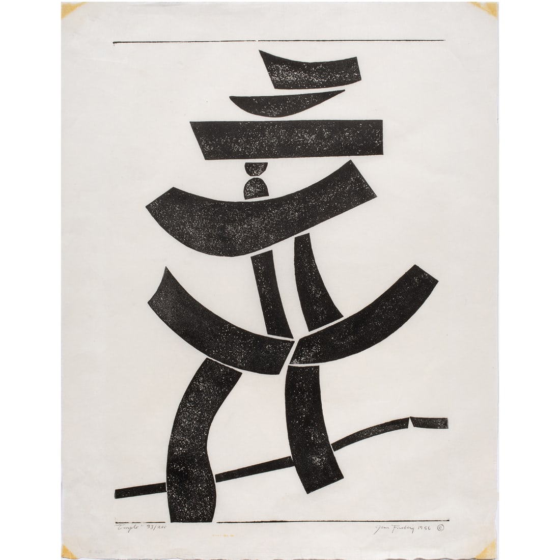 Print, Jim Forsberg: Jim Forsberg (American, 1919-1991), "Temple," 1956, woodcut, pen signed lower right, museum inventory no: 2006.57.3.46, overall (sheet): 22"h x 17"w". Provenance: Property of the Fine Arts Museums of