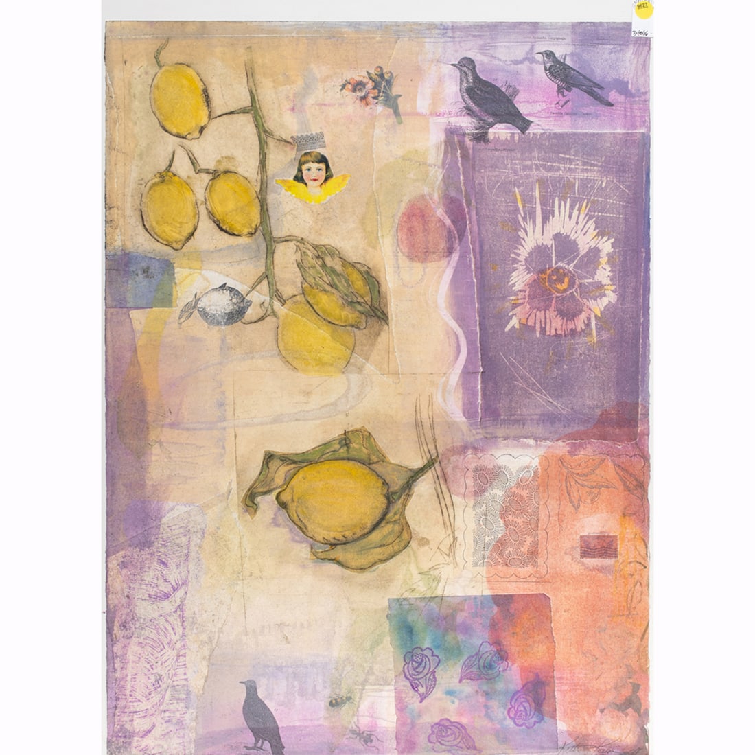 Work on paper, Kathryn Kain: Kathryn Kain (American, 20th/21st centuries), "Lemons and Laughing Flower," 2004, color monotype with collage on wove paper, pencil signed and dated in image lower right, sheet (unframed): 30"h x 22"w