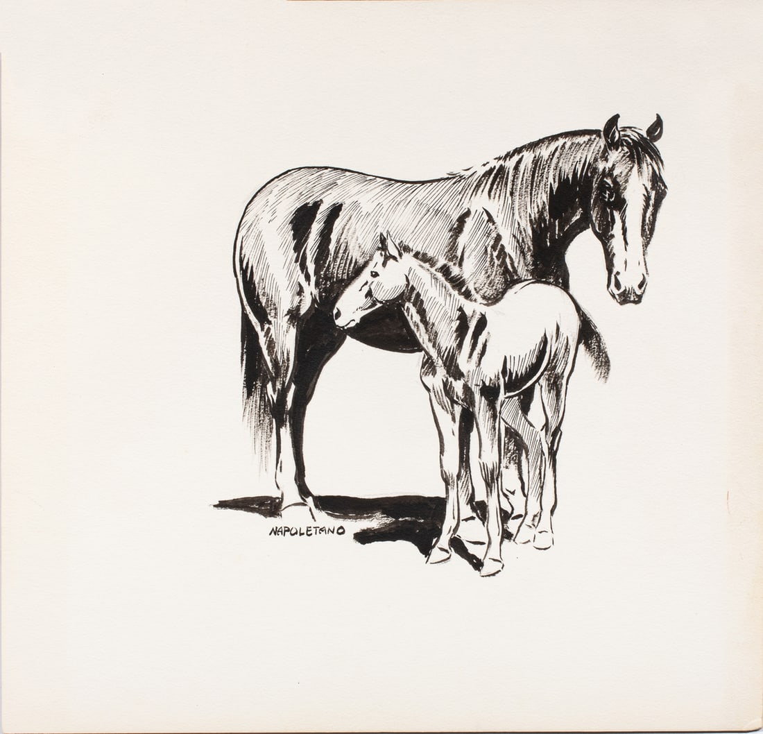 Illustration, Al Martin Napoletano: Al Martin Napoletano (American, b. 1920), Two Trotting Horses, black ink on illustration board, signed lower right, board (unframed): 5.63"h x 10"w