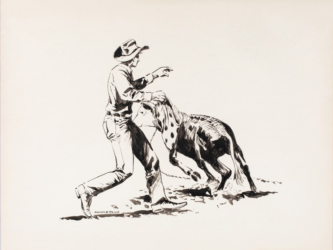 Illustration, Al Martin Napoletano: Al Martin Napoletano (American, b. 1920), Roping a Cow, black ink on illustration board, signed lower left, board (unframed): 7.5"h x 10"w