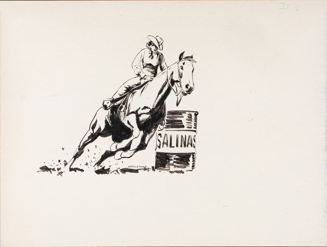Illustration, Al Martin Napoletano: Al Martin Napoletano (American, b. 1920), Rider at Salinas Rodeo, black ink on illustration board, signed lower center, board (unframed): 7.5"h x 10"w
